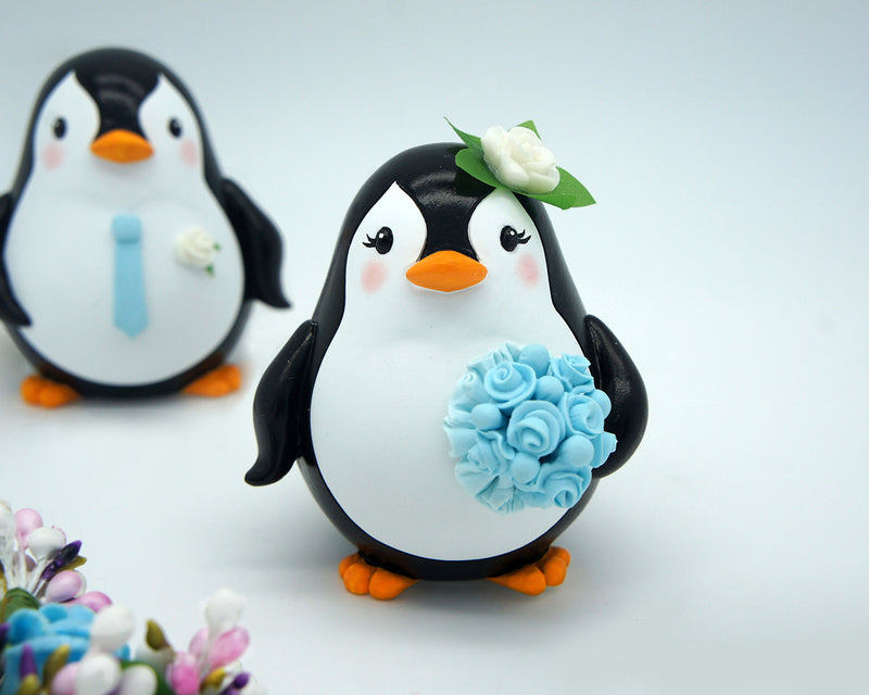Beach Wedding Cake Topper-Custom Penguin Love Bird Cake Toppers Blue Theme