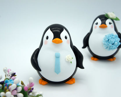 Beach Wedding Cake Topper-Custom Penguin Love Bird Cake Toppers Blue Theme