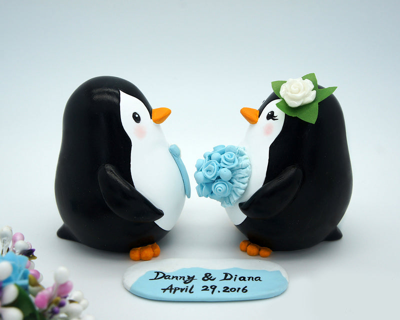 Beach Wedding Cake Topper-Custom Penguin Love Bird Cake Toppers Blue Theme
