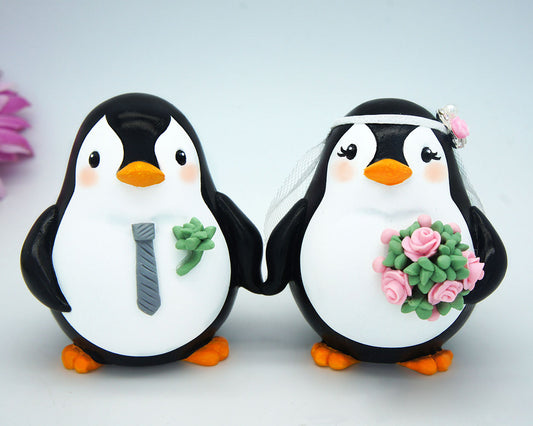 Custom Penguin Love Bird Cake Toppers -Beach Wedding Cake Toppers With Succulent Bouquet