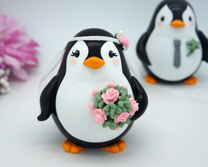 Custom Penguin Love Bird Cake Toppers -Beach Wedding Cake Toppers With Succulent Bouquet