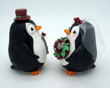 Penguin Wedding Cake Toppers Burgundy Theme- Love Bird Wedding Cake Toppers