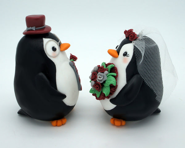 Penguin Wedding Cake Toppers Burgundy Theme- Love Bird Wedding Cake Toppers