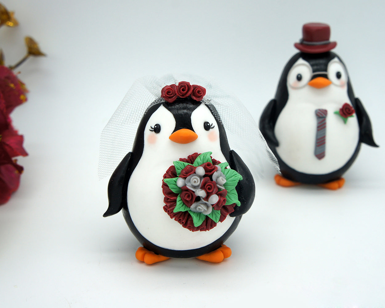 Penguin Wedding Cake Toppers Burgundy Theme- Love Bird Wedding Cake Toppers