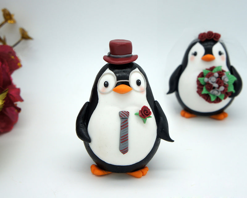 Penguin Wedding Cake Toppers Burgundy Theme- Love Bird Wedding Cake Toppers