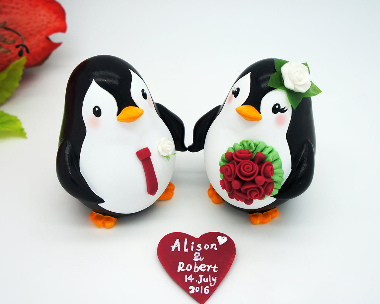 Custom Penguin Love Bird Cake Toppers-Country Cake Topper With Plum Theme