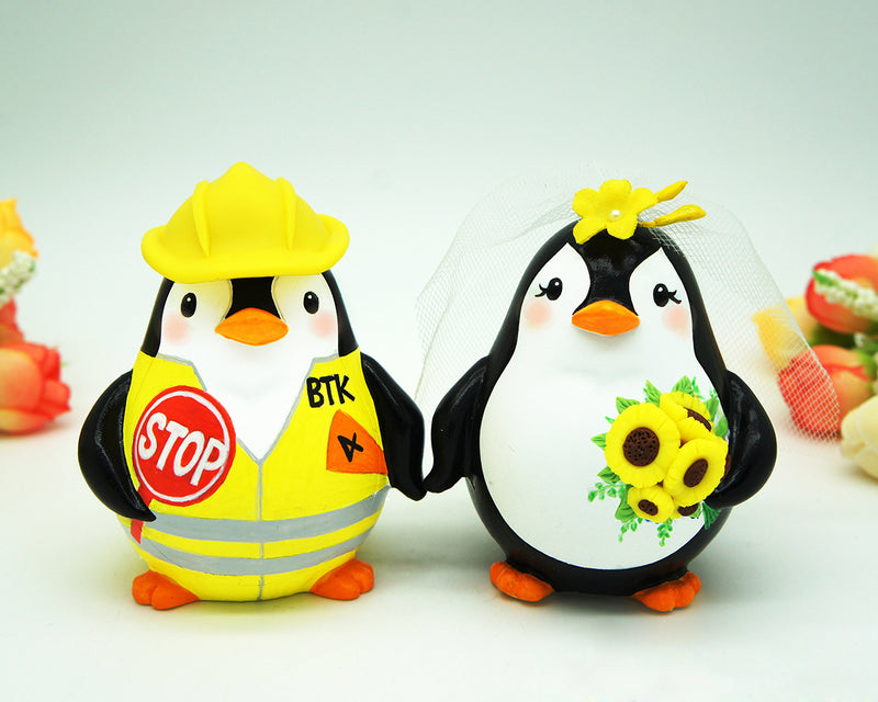 Custom Penguin Construction Worker Wedding Cake Toppers