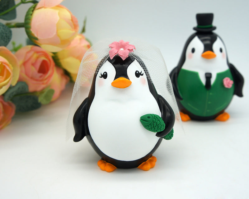 Custom Penguin Wedding Cake Toppers Green Theme