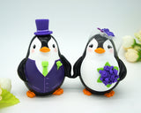 Custom Penguin Wedding Cake Topper With Dark Purple Flowers-Cute Love Birds Cake Topper Purple Theme