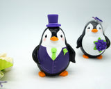 Custom Penguin Wedding Cake Topper With Dark Purple Flowers-Cute Love Birds Cake Topper Purple Theme