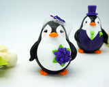 Custom Penguin Wedding Cake Topper With Dark Purple Flowers-Cute Love Birds Cake Topper Purple Theme