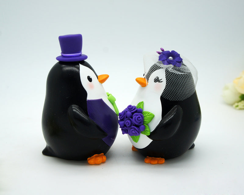 Custom Penguin Dark Purple Wedding Cake Toppers