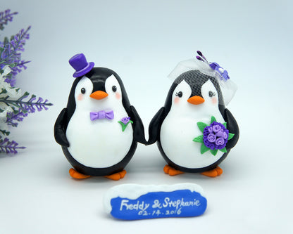Custom Penguin Wedding Cake Toppers Purple Theme- Love Bird Wedding Cake Toppers