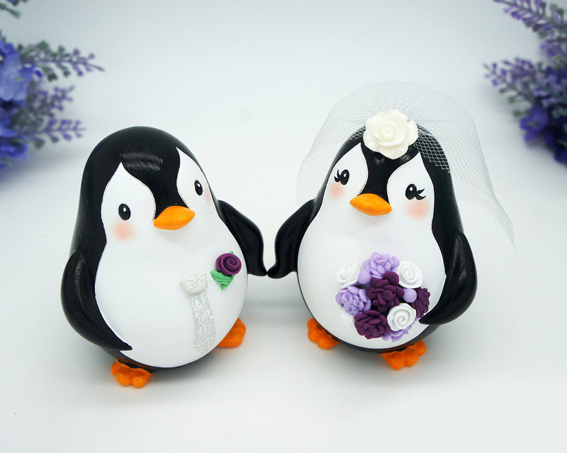 Funny Penguin Wedding Cake Topper Purple Theme-Groom And Bride Wedding Cake Topper With Purple Bouquet