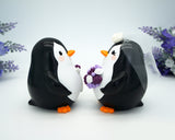 Funny Penguin Wedding Cake Topper Purple Theme-Groom And Bride Wedding Cake Topper With Purple Bouquet