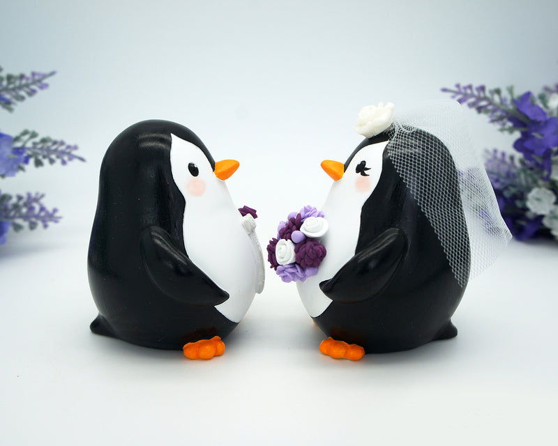 Funny Penguin Wedding Cake Topper Purple Theme-Groom And Bride Wedding Cake Topper With Purple Bouquet