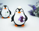 Funny Penguin Wedding Cake Topper Purple Theme-Groom And Bride Wedding Cake Topper With Purple Bouquet