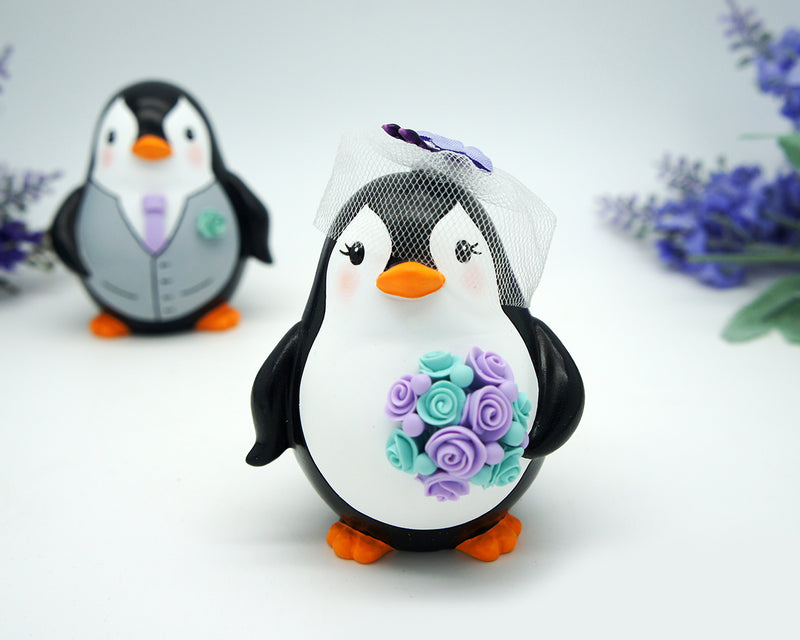 Funny Penguin Wedding Cake Toppers Purple Turquoise Themed-Custom Love bird Wedding Cake Toppers