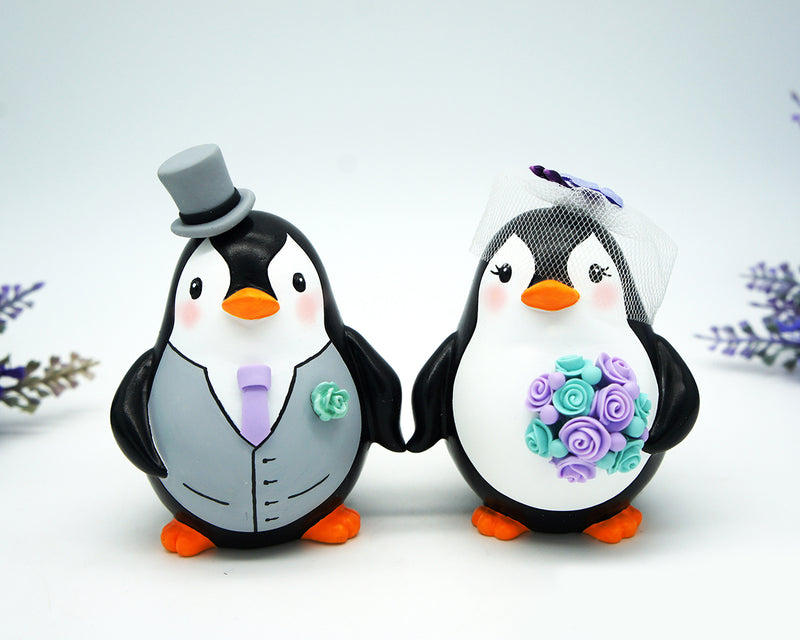 Funny Penguin Wedding Cake Toppers Purple Turquoise Themed-Custom Love bird Wedding Cake Toppers