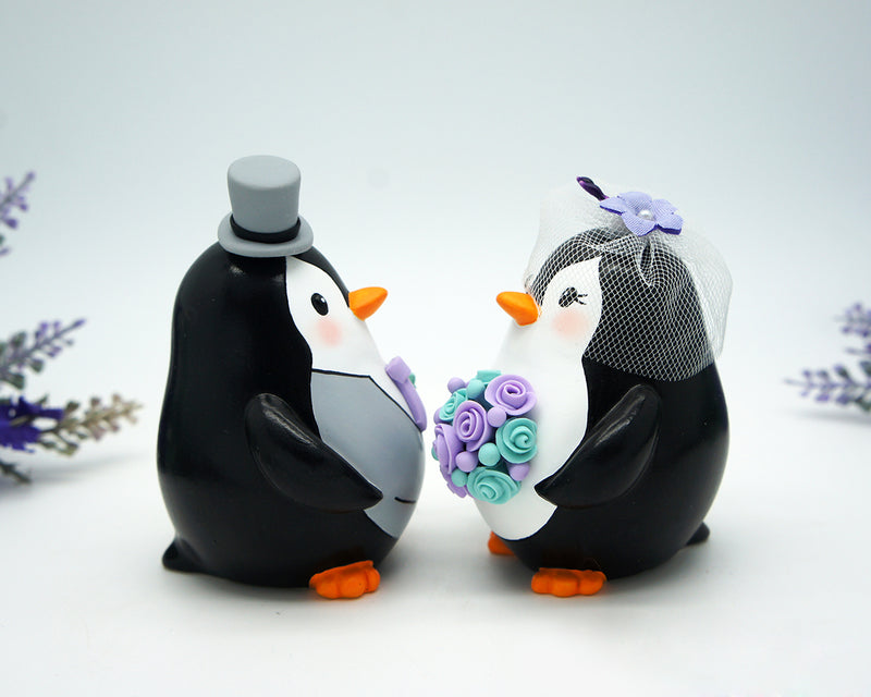 Funny Penguin Wedding Cake Toppers Purple Turquoise Themed-Custom Love bird Wedding Cake Toppers