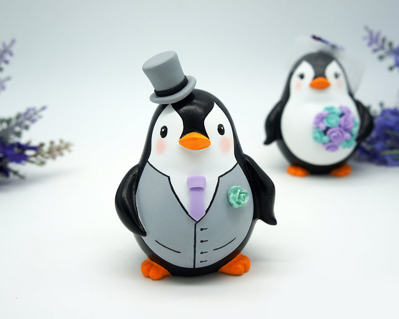 Funny Penguin Wedding Cake Toppers Purple Turquoise Themed-Custom Love bird Wedding Cake Toppers